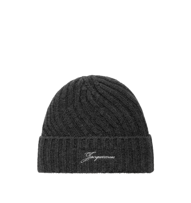 Image 1 of 1 - GREY - JACQUEMUS Tourni Beanie featuring twisted embroidered beanie, folded brim, brand embroidery at front, all-over knitted and ribbed. 90% cashmere, 10% wool. Made in Ireland.