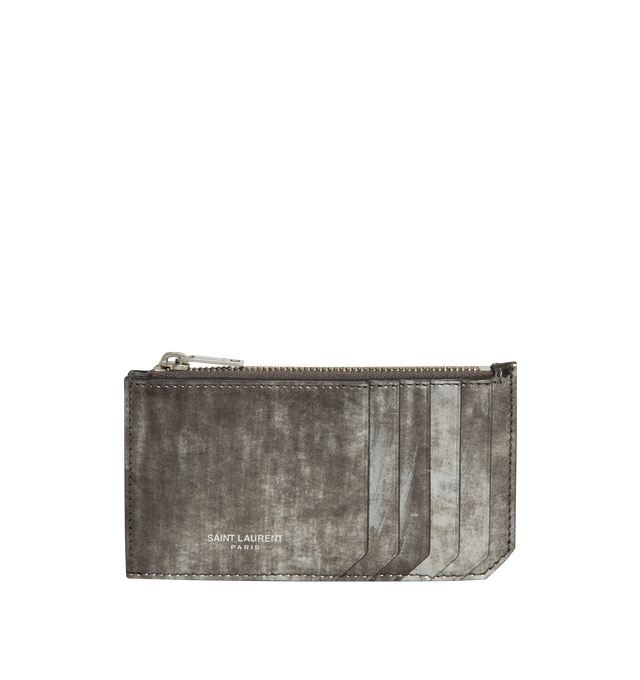 Image 1 of 3 - GREY - SAINT LAURENT Fragments Zip Card Case featuring zip case, front card slots, gusseted side, embossed signature, five card slots, one zip coin purse and leather lining. 5.1 X 3 X 0.4 inches. 95% calfskin leather, 5% metal. 