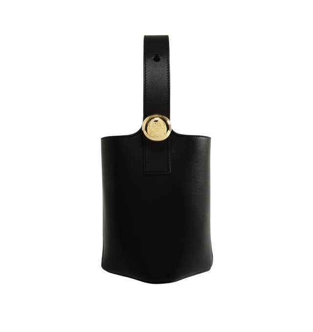Image 1 of 3 - BLACK - LOEWE Mini Pebble Bucket Bag featuring magnetic closure, internal pocket, bonded suede lining, anagram engraved Pebble, crossbody, shoulder or hand carry and adjustable and removable strap. 7.7 x 6.3 x 6.3 inches. Mellow Calf. Made in Spain.