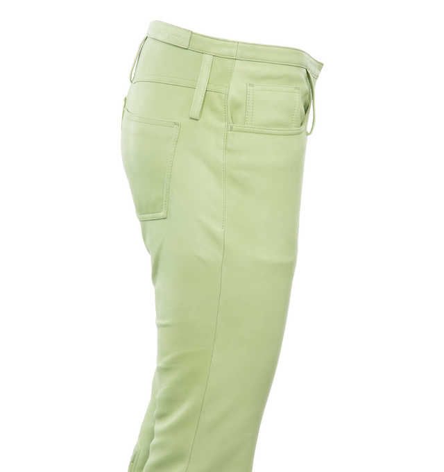Image 3 of 4 - GREEN - Acne Studios Leather Trousers in a regular fit with a low waist, straight leg and long length. Crafted from leather with a 5-pocket construction. Featuring a deconstructed waistband and pocket details on the leg. Fully lined with Viscose. 