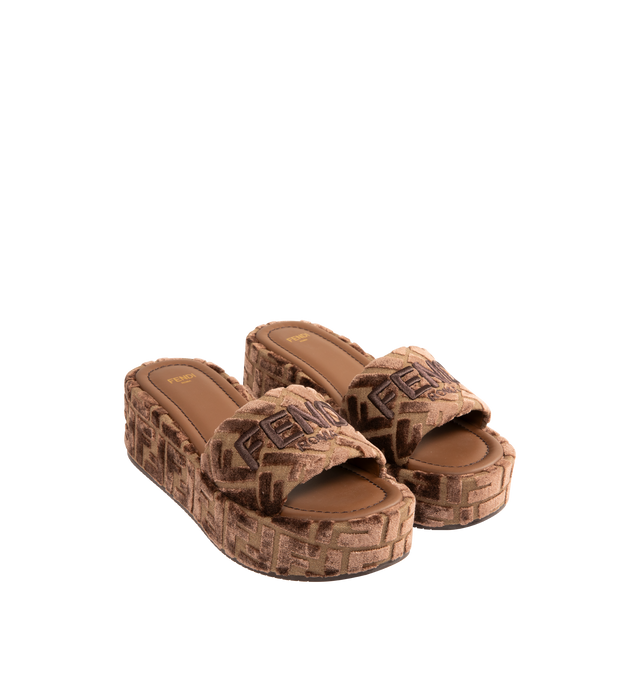 Image 2 of 4 - BROWN - FENDI Sunshine Platform Wedge Slide Sandal featuring dimensional logo embroidery tops the wide strap, slide sandal made from burnout velvet in an FF motif that also wraps the platform wedge. Textile upper, leather lining, rubber sole. Made in Italy.