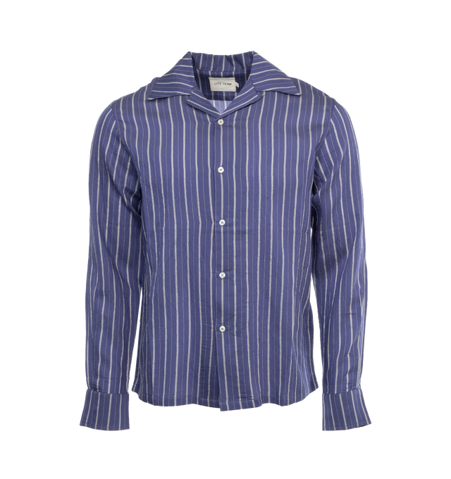 Image 1 of 5 - BLUE - LITE YEAR Camp Collar Shirt featuring button up closure, camp collar, button cuffs, long sleeves and stripes throughout. 86% CLY / 14% PL. 