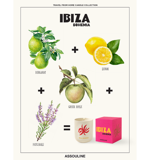 Image 4 of 4 - MULTI - Assouline Ibiza Bohemia - Travel From Home Candle. Bask in an Ibiza sunrise glittering over ocher sands with a mlange of lemon, bergamot, green apple, and patchouli, capturing the essence of carefree mornings and the enchanting rhythm of island life. Material: Ceramic Vessel. Wax Family: Soy, Coco, Paraffin Blend. Approximate Burn Time: 50 Hours. Weight: 11.25 oz (318.02 g). Dimensions: 4 x 3.37 in (10.16 x 8.56 cm).