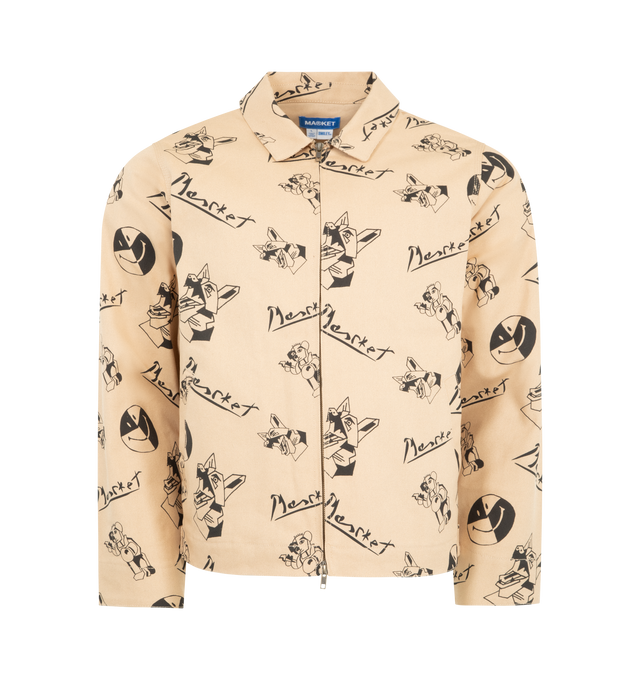Image 1 of 3 - BROWN - MARKET Smiley Cubism Work Jacket featuring zip up closure, all over scren print, collar and side slit pockets.