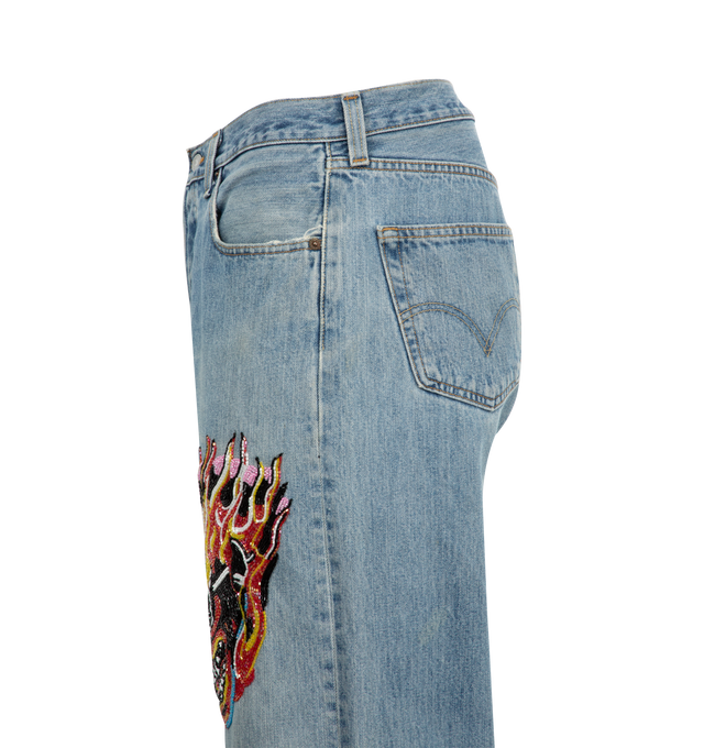 Image 3 of 3 - BLUE - BETTER WITH AGE Sham Hand Beaded Double-Wide Denim featuring baggy silhouette, distressing throughout, branding on the leg, beaded graphic, five-pocket style and reconstructed. 100% cotton.