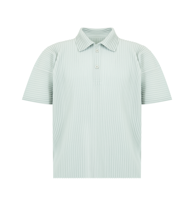 Image 1 of 2 - BROWN - Issey Miyake Men's short-sleeved polo shirt offering portability and the quick-drying properties unique to polyester. Featuring slits on both sides, collared neckline, button-front opening. 100% Polyester. Made In Japan.