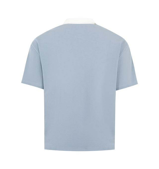 Image 2 of 2 - BLUE - LE PERE Rugby Polo featuring a crisp white point collar, concealed placket, boxy, upright fit that sits just off the body, PRE logo embroidered at the chest, short sleeves and tonal stitching throughout. 100% cotton. Made in Portugal.