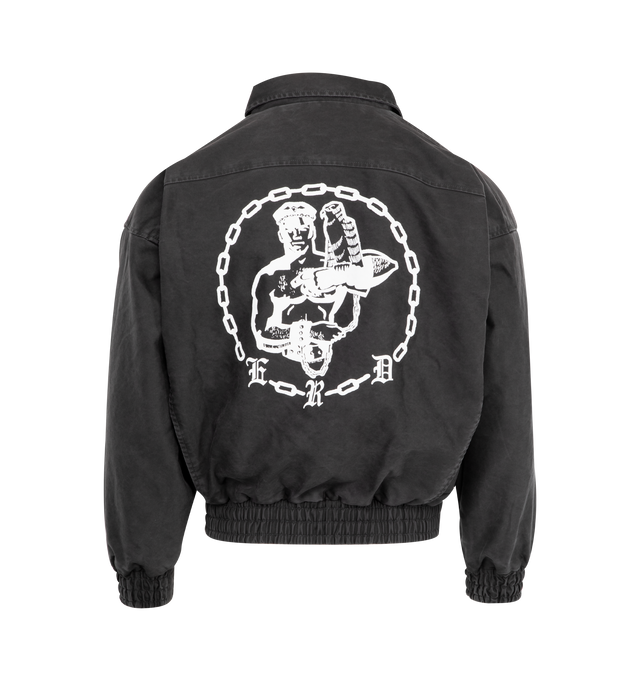 Image 2 of 3 - BLACK - ENFANTS RICHES DEPRIMES Chapitre XXI Moleskin Work Jacket featuring zip front closure, cotton herringbone lining, spread collar, elastic cuffs and waistband, seam pockets at waist and printed artwork. 100% cotton. Made in the USA.