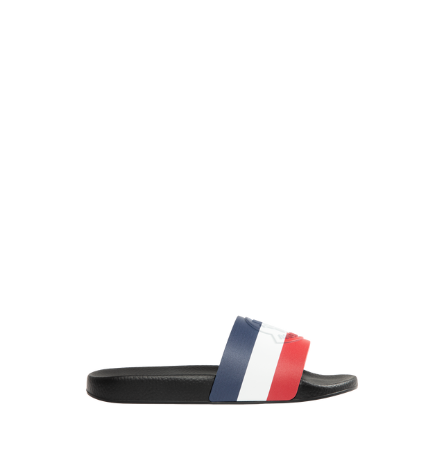 Image 1 of 4 - MULTI - MONCLER Basile Slides featuring rubber slide, stripe band and EVA sole. 100% elastodiene. Made in Italy.