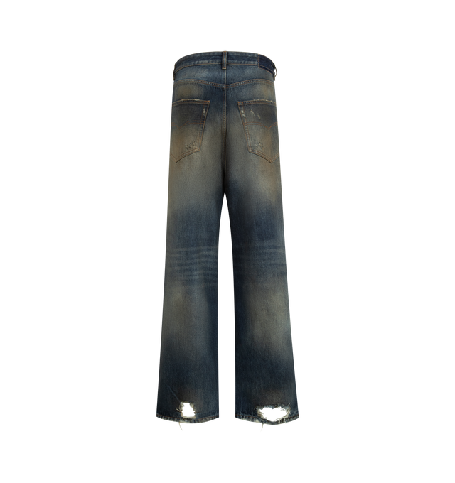 Image 2 of 3 - BLUE - VETEMENTS Distressed Baggy Jeans featuring fading, smudging, whiskering, and distressing throughout, belt loops, five-pocket styling, zip fly, rip at knee, logo topstitching at back pockets and contrast stitching in tan. 100% cotton. Made in Italy.