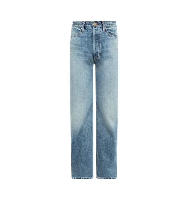 Image 1 of 3 - BLUE - RADH The Agnes Jean featuring a mid rise, slim straight profile, five-pocket construction, signature triple belt loops at the back waist, semi-precious gold hardware, shank and fly closure and straight leg. 75% regenerative cotton, 25% recycled PIW. Made in the USA.