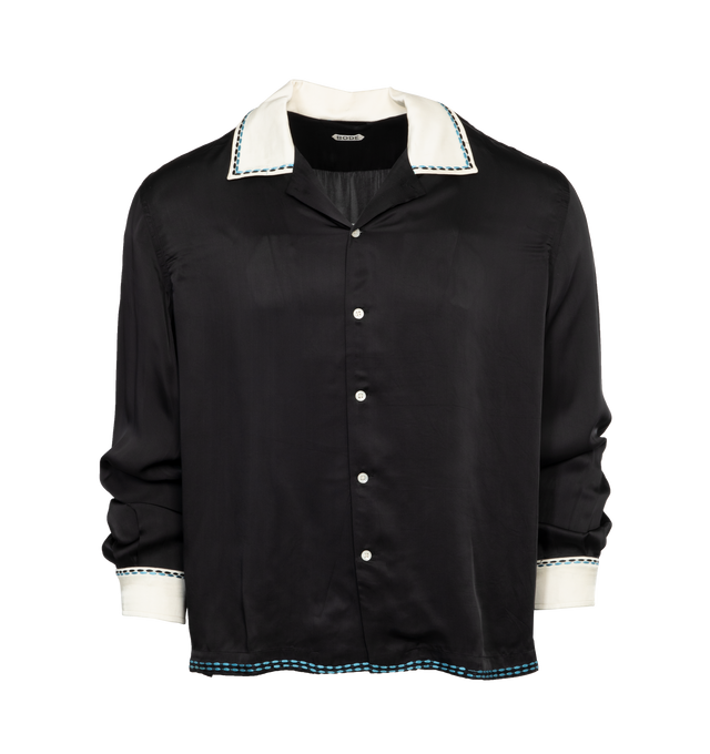 Image 1 of 3 - BLACK - BODE Embroidered Shirt featuring open spread collar, button closure and single-button barrel cuffs. 100% viscose. Made in India. 