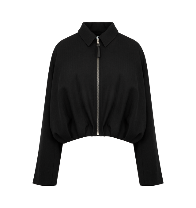 Image 1 of 3 - BLACK - LOEWE Draped Jacket in lightweight wool crepe tailoring featuring asymmetric hand-gathered draping at the back, regular fit, short length, classic collar, zip front fastening, seam pockets, inside welt pocket, fully lined and LOEWE embossed leather patch placed at the back. Wool. Made in Italy.