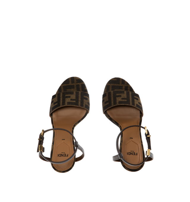 Image 4 of 4 - BROWN - Delfina round-toe sandals with an ankle strap. Made of FF jacquard fabric. Details in brown leather. Heel with cut-out detail and gold-colored metal FF motif.Made in Italy. 65% polyamide, 35% cotton, 100% calf leather, inside: 100% goat leather. 95 mm heel. 