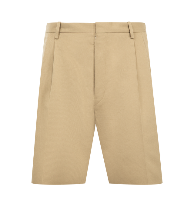 Image 1 of 3 - BROWN - MAISON MARGIELA Tailored Shorts featuring bermuda shorts with pleated front, raw cut hem, center zipper closure and four stitches at the back. Made in Italy.