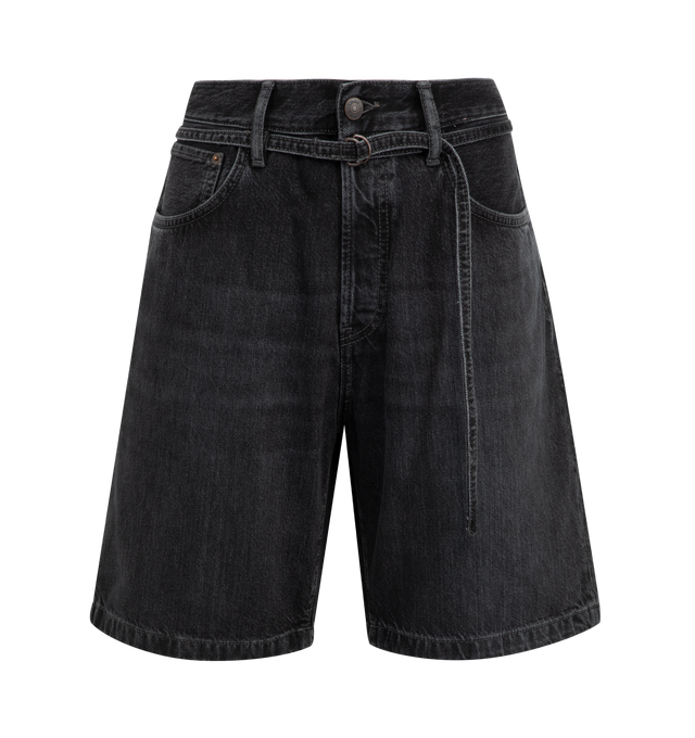 Image 1 of 3 - BLACK - ACNE STUDIOS Loose Fit Denim Shorts featuring loose fit, low to mid waist, straight leg, knee length, thin belt, 5-pocket construction and button fly. 100% cotton.