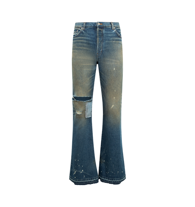 Image 1 of 3 - BLUE - GALLERY DEPT. Dagger Bootcut Jean featuring relaxed bootcut fit, 5-pocket design, GD custom hardware, debossed tan leather GALLERY DEPT. jacron on the back waistband, embroidered GD pin detailing on the coin pocket and released hem. 100% cotton. Made in USA.