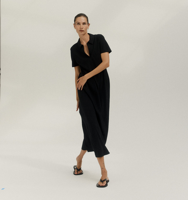 Image 2 of 3 - BLACK - THE ROW Valenit Dress featuring collar with 3 button placket, short sleeves and maxi length. 55% cupro, 44% silk. Lining: 100% silk. Made in Italy.