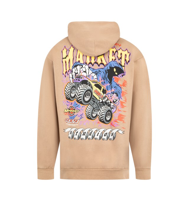 Image 2 of 2 - BROWN - MARKET No Guts No Glory Hoodie featuring pullover sweatshirt with fixed hood, graphic print on front and back, pouch pocket, ribbed knit trims and regular fit. 80% cotton, 20% polyester.