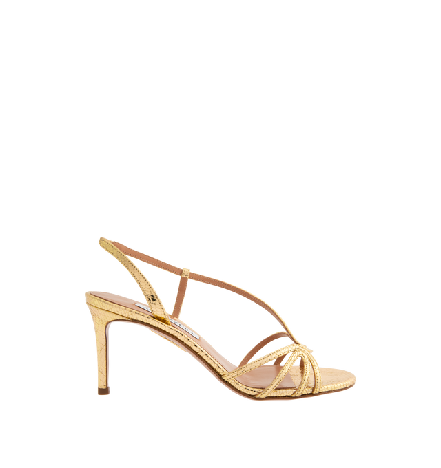 Image 1 of 4 - GOLD - AQUAZZURA Talk To Me Sandal 75 featuring slingback strap, stiletto heel, leather insole and signature logo detailing. Leather. 75 mm. Made in Italy.