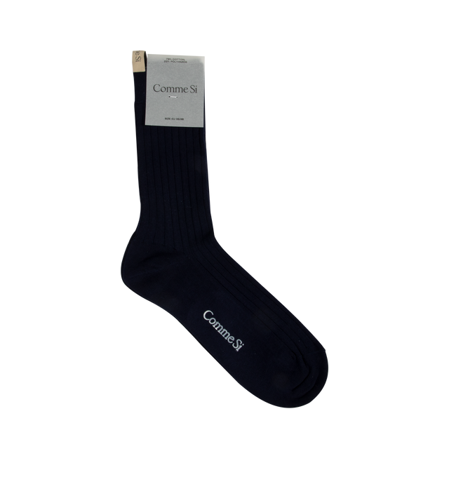 Image 1 of 1 - NAVY - COMMES Si The Yves Socks have a wide rib, reinforced toe, and decorative logo ribbon. 78% cotton and 22% polyamide. Made in Italy.