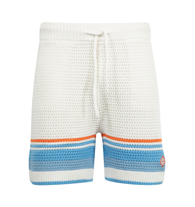 Image 1 of 3 - WHITE - CASABLANCA Tennis Crochet Shorts featuring crochet cotton fabric, relaxed fit, diamond logo, an elasticised waistband, in-seam pockets, and striped hem detail. 100% cotton. Made in China.