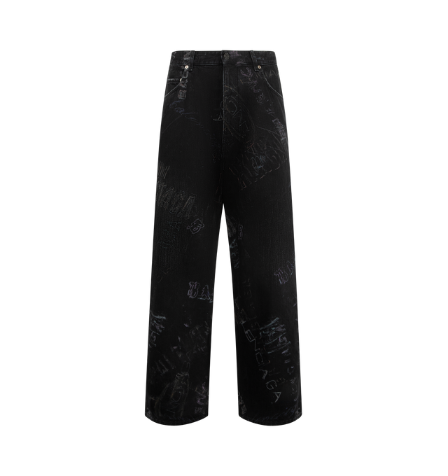 Image 1 of 3 - BLACK - BALENCIAGA Minimal Baggy Pants featuring washed crayon allover cotton denim, washed and worn-out effect, mid-waist, covered zip fly, 5 belt loops, 2 back yokes with inside pockets, Balenciaga engraved flex button and Balenciaga Jeans patch at back. 100% cotton. Made in Italy.