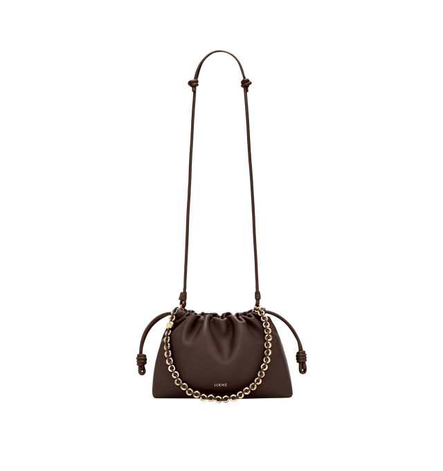 Image 4 of 6 - BROWN - LOEWE Medium Flamenco Purse featuring a lightweight and soft bag with a ruched shape, historical knot drawstrings, shoulder, crossbody or hand carry, detachable donut chain with Anagram Pebble, detachable and adjustable leather strap, magnetic closure, suede lining and embossed LOEWE. Mellow nappa lambskin. 20 cm x 30 cm x 10.5 cm. Made in Spain.