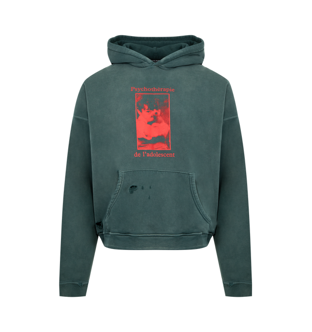 Image 1 of 2 - GREEN - ENFANTS RICHES DEPRIMES Psychothrapie de l'Adolescent Hoodie featuring long-sleeve pullover sweatshirt made from heavyweight brushed French terry with a boxy, drop-shoulder fit, a double-layer hood, rib knit cuffs and waistband, printed artwork at the front and back and the brands signature vintage wash process. Cotton. Made in USA.