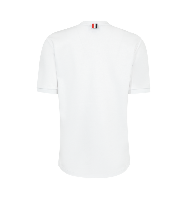 Image 2 of 3 - WHITE - THOM BROWNE Cotton Milano Tee featuring ribbed neckline and cuffs, patch chest pocket, curved stepped hem, name tag appliqu and signature striped grosgrain loop tab. 100% cotton. Made in Italy.