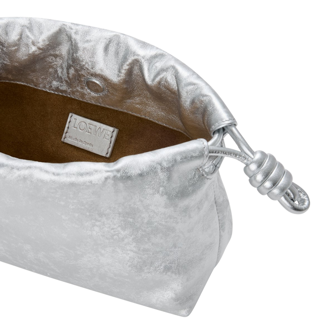 Image 4 of 4 - SILVER - LOEWE Mini Flamenco Purse in moir printed calfskin featuring a ruched shape and historical knot drawstrings, shoulder, crossbody or hand carry, detachable sliding donut chain with Anagram Pebble, magnetic closure, suede lining and embossed LOEWE. Moir printed calf. 14 cm x 21 cm x 8 cm. Made in Spain.