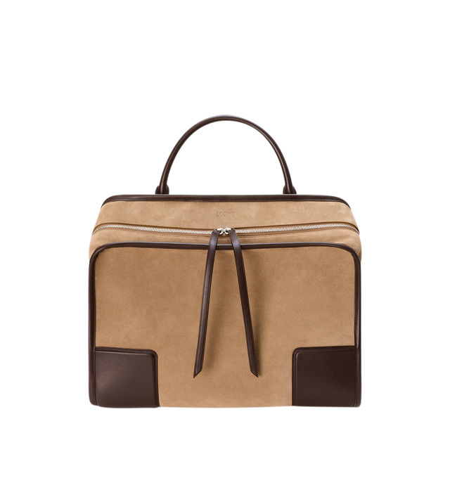 Image 4 of 16 - BROWN - Loewe Mens Amazona 180 XL Bag is crafted from suede with soft calfskin details. Features a relaxed silhouette, single toron top handle, removable shoulder handle, adjustable crossbody strap, zip closure with two leather pullers, two compartments with concealed magnetic closure, interior flat pocket, side D-ring, suede and nappa lambskin lining, palladium-tone hardware, and embossed LOEWE and Double L branding. Dimensions: 40 31 16 cm; Strap Length: 105133 cm; Strap Drop: 4761 cm; H