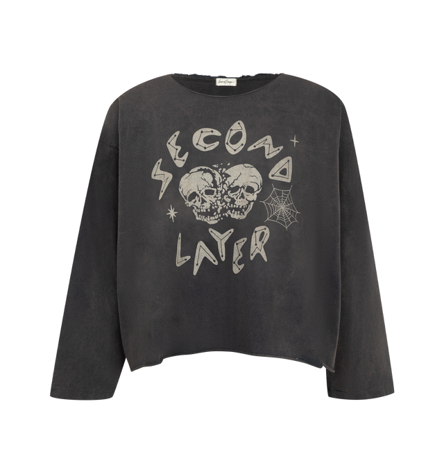 Image 1 of 2 - BLACK - Second/Layer Men's Skull Crush Thrasher Long Sleeve T-Shirt is crafted from heavyweight Italian jersey and features a cropped, baggy-fit silhouette, long sleeves, and hand-distressed detailing throughout. Designed to be worn as a standalone statement piece or layered as a base layer, this Italian-made style combines a worn-in aesthetic with premium jersey construction. Main Material: Heavyweight Italian Jersey. Fit: Cropped, Baggy. Made in Italy.
