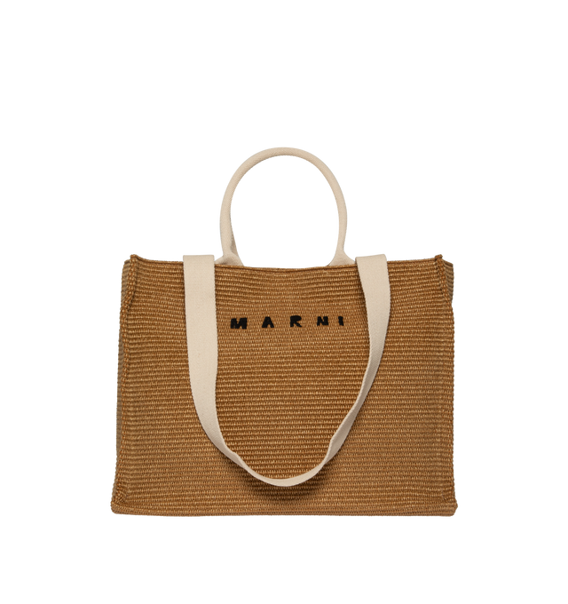 Image 1 of 3 - BROWN - MARNI Large Tote featuring weaved fabric, two sets of handles in cotton ribbon, short for hand carry, long for shoulder carry. Fabric Lining with zipped pocket. Palladium Hardware. Embroidered Marni logo on the front. 52% cotton, 48% polyamide-nylon. Lining: 100% cotton. Made in Italy 