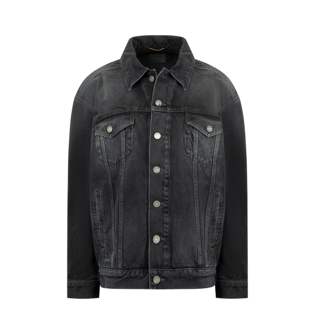Image 1 of 3 - BLACK - SAINT LAURENT Oversized Jean Jacket featuring long egg-shaped denim jacket, a button closure, adjustable button tabs at the back waist, two welt pockets at the front, two reverse patch pockets with button flap at the chest, pointed collar, one-button cuffs and saint laurent paris embossed leather jacron. 100% cotton. Made in Italy.