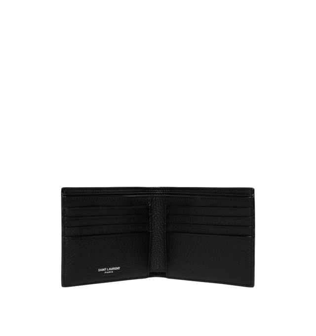 Image 3 of 3 - BLACK - Saint Laurent Mens Wallet is crafted from black leather. Features a classic bifold silhouette, interior card slots and bill compartment, silver-tone hardware, and embossed Saint Laurent logo. Main Material: 100% Leather. Made in Italy.