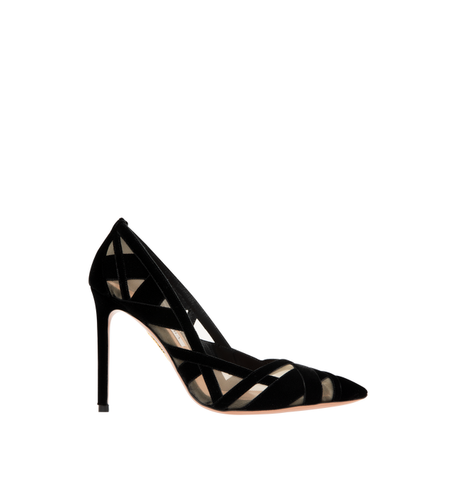 Image 1 of 4 - BLACK - AQUAZZURA Wrap Me Up Pump featuring mesh see-through panels, velvet trim, pointed toes, stiletto heels, padded leather insole and signature logo detailing. 105mm. Mesh, velvet. Made in Italy.