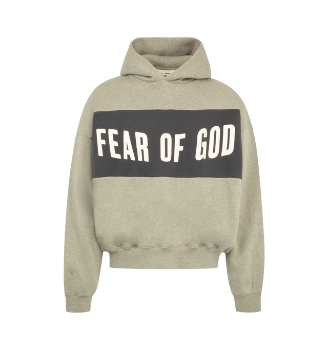 Image 1 of 3 - GREY - Fear of God Essentials Mens Cropped Relaxed Paneled Hoodie is crafted from heavyweight 380 GSM cotton-blend core fleece. Features a relaxed cropped fit, paneled construction, hood, side pockets, ribbed cuffs and hem, puff-printed Fear of God graphic at the front, puff-printed Essentials graphic at the back, and an Essentials signature label on the hood. Main Material: 80% Cotton, 20% Polyester.