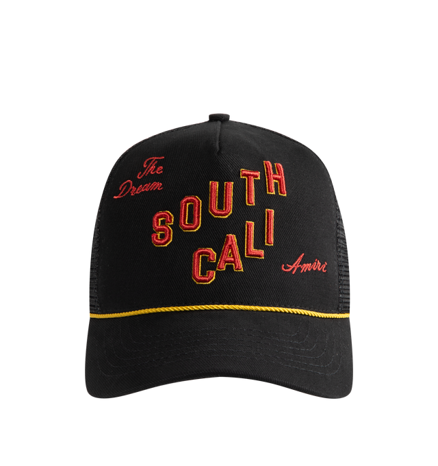 Image 1 of 3 - BLACK - AMIRI South Cali Trucker Hat featuring embroidered logo at the front and adjustable back. Cotton. Polyester. Made in USA.