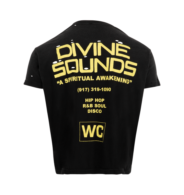 Image 2 of 2 - BLACK - WILLY CHAVARRIA Divine Sounds Destroyed T-shirt featuring crew neck, short sleeves and text print on front and back. 100% cotton. Made in United States.