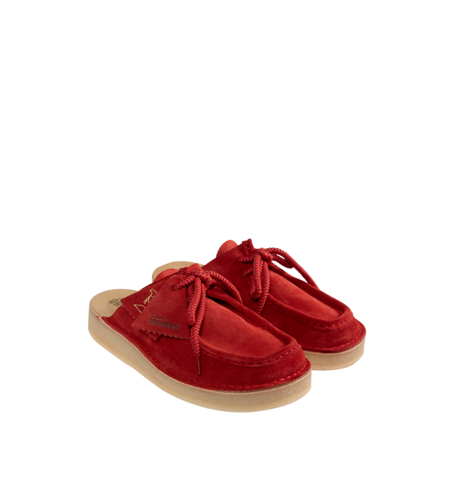 Image 2 of 4 - RED - CLARKS Desert Nomad Mule featuring suede upper, Clarks Originals heat embossed metallic foil logo on footbed, cord lace, natural Pebble Crepe sole and finished with two Clarks Originals fobs.