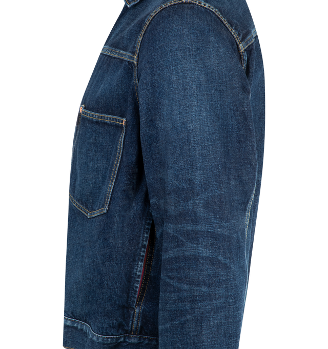 Image 3 of 3 - BLUE - SACAI BEYONDEXX Denim Jacket featuring non-stretch denim, fading, whiskering, and distressing throughout, spread collar, button closure, pintucks at front, patch pocket at chest, buttoned barrel cuffs, cinch tab at back, logo-engraved hardware and contrast stitching in tan. 100% cotton. Made in Japan.
