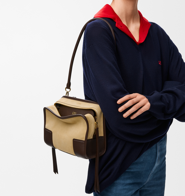 Image 3 of 17 - BROWN - LOEWE Small Amazona 180 Bag in suede featuring a relaxed silhouette anchored by a single toron top handle, designed to be carried open, while a concealed closure secures the main compartment, three carry options: short handle, removable shoulder strap and crossbody, zip closure with two leather zip pullers, two compartments, main compartment closed with magnetic closure, internal flat pocket, left side d-ring for customization, suede and nappa lambskin lining, embossed LOEWE and embo