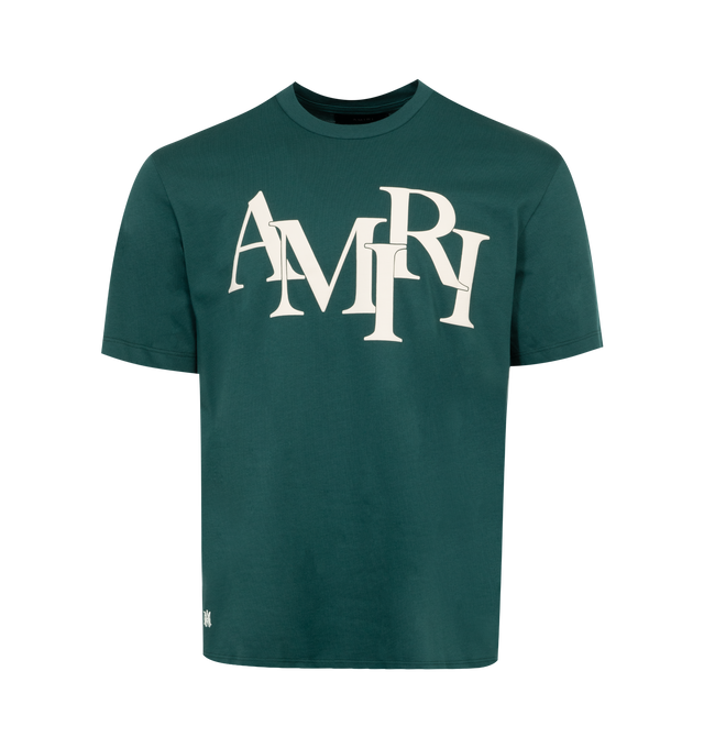 Image 1 of 1 - GREEN - AMIRI Staggered Logo Tee featuring short sleeves, crewneck, lightweight jersey fabric and front and back Amiri logo detail. 100% cotton. Made in Italy.  