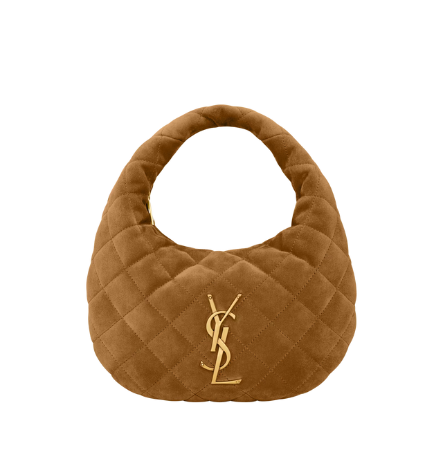 Image 1 of 3 - BROWN - SAINT LAURENT Icarino Suede Bag featuring diamond-quilted topstitching, logo on front, hand carry, leather lining, bronze-tone hardware and zip closure. 10.6" x 6.7" x 3". Handle drop: 5.3". Calfskin. Made in Italy.