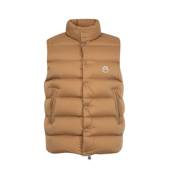 Image 1 of 2 - BROWN - MONCLER Tibb Down Vest featuring longue saison lining, down-filled, collar with snap button closure, zipper closure and zipped pockets. 100% polyamide/nylon. Padding: 90% down, 10% feather.