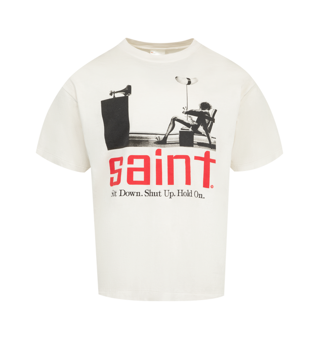 Image 1 of 2 - WHITE - SAINT MICHAEL Saint Tee featuring crew neck, short sleeves, relaxed fit and graphic print on front. 100% cotton.