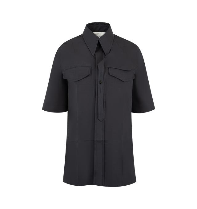 Image 1 of 3 - BLACK - BOTTEGA VENETA Wool Silk Toile Shirt featuring short sleeves, detachable cotton throat latch, button closure and relaxed fit. Wool, silk. Made in Italy.