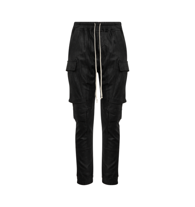 Image 1 of 3 - BLACK - RICK OWENS Mastodon Mega Cargo Pants featuring slim-fit cargo pants, drawstring at elasticized waistband, four-pocket styling, button-fly and cargo pockets at outseams. Made in Italy.