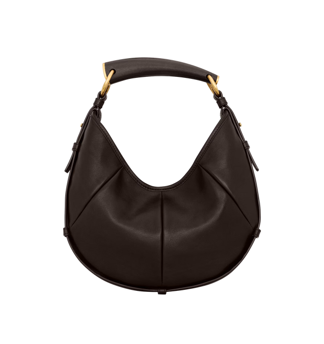 Image 1 of 3 - BROWN - SAINT LAURENT Mombasa Small Bag featuring padded calfskin lined in tonal suede, leather covered handle for hand carry, bronze-tone hardware and magnetic snap closure. 7.910.6" x 6.18.9" x 1". Handle drop: 4.9". Calfskin. Made in Italy.